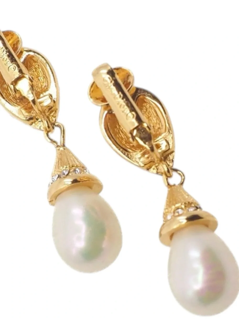 Dior Vintage Gold Crystal Pavé Earrings with White Pearl Drops clip on earrings - Picture 4 of 11